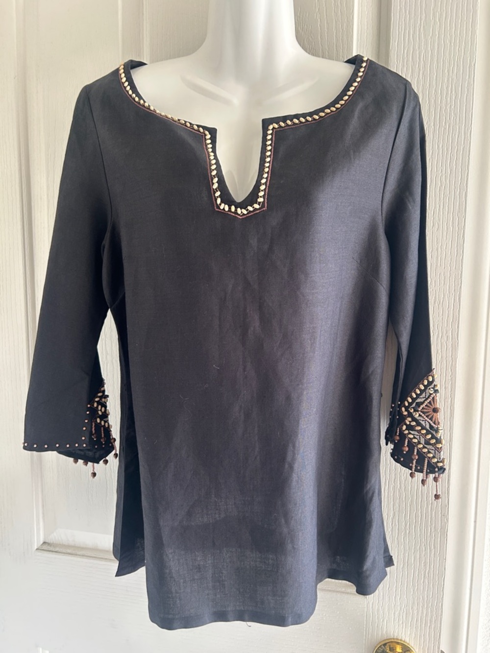 Beaded Black Women's Tunic Top with Embellished Sleeves